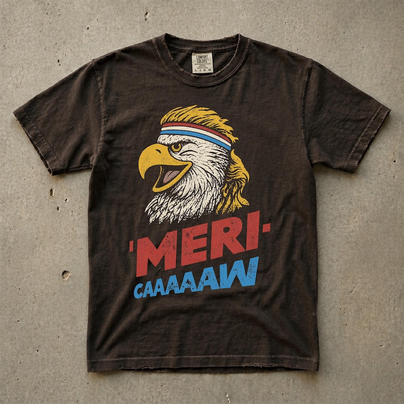 Distressed retro graphic featuring a bald eagle with a squawking open yellow beak and a blonde mullet haircut. The eagle wears a red, white, and blue striped athletic sweatband. Below the illustration, large weathered block text reads "'MERI-" in red, stacked above "CAAAAAW" in bright blue.