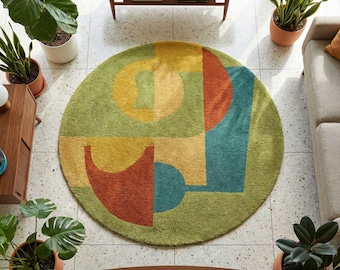 Round Abstract Geometric Rug • Modern Mid Century Hand Tufted Carpet • Sage Green Rust Mustard Boho Decor •  Circular Art Floor Wool Mat