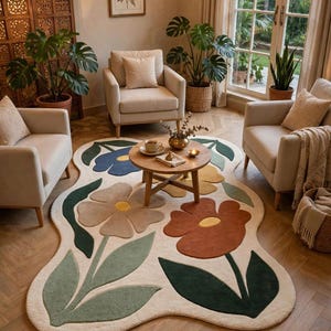 5×8/6×9Hand Tufted Floral Wool Rug, Botanical Area Rug, Organic Shape Carpet, Modern Boho Living Room Bedroom Decor, Nature Inspired Rug
