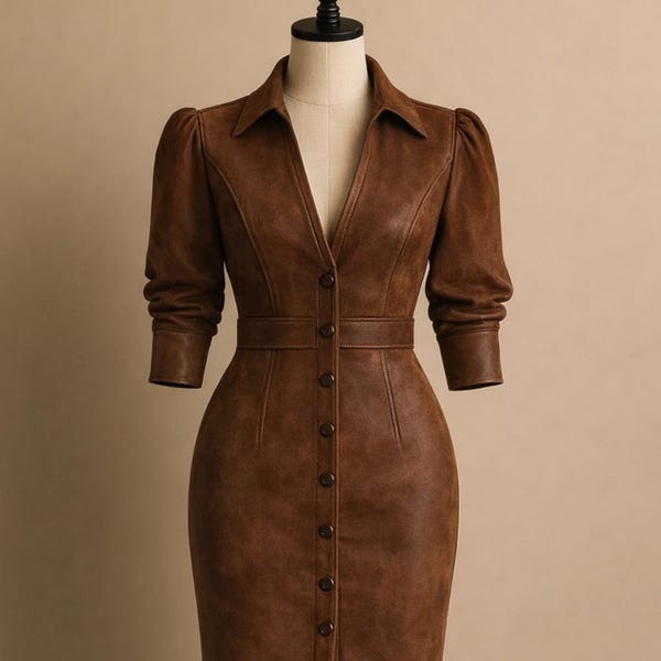 Vestido tubo de ante marrón / Vestido midi con botones hecho a mano