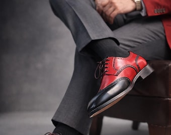 Fabriquées à la main en cuir véritable rouge et noir pour homme | Chaussures habillées richelieu de luxe