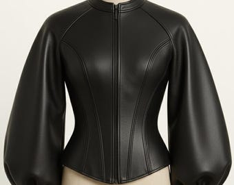 Black Leather Peplum Jacket | Corset Waist, Puffed Sleeves