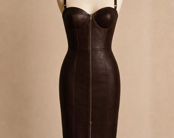 Women Dark Brown Bustier Style Sheep Leather Midi Dress, Handmade Bodycon Dress
