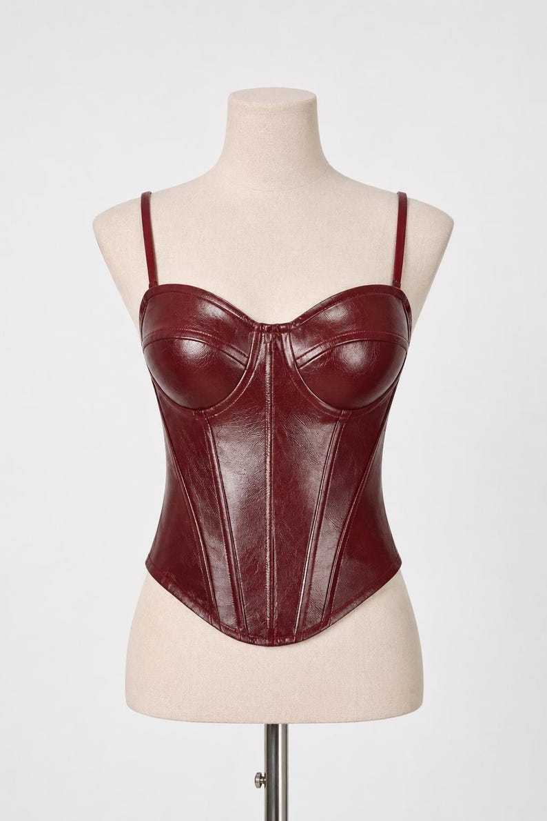K&ouml;nnte beinhalten: Ein weinrotes Bustier-Top mit d&uuml;nnen Tr&auml;gern. Das Oberteil hat ein strukturiertes Design mit vertikalen N&auml;hten und einem Sweetheart-Ausschnitt. Das Top wird auf einer Schaufensterpuppe pr&auml;sentiert.