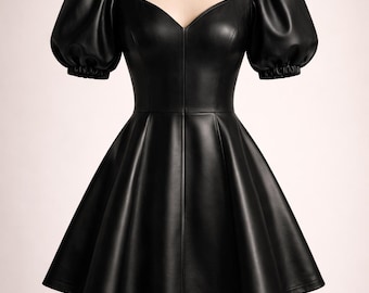 Handmade Black Leather Mini Dress | Puff Sleeve Party Frock