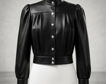 Victorian Style Black Sheep Leather Cropped Jacket - Pleated Designer Leather Blouse with Silver Buttons