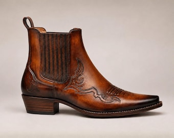 Men's Western Chelsea Boots, Genuine Cow Leather Cowboy Boots, Handmade Ankle Pointed Toe Shoes