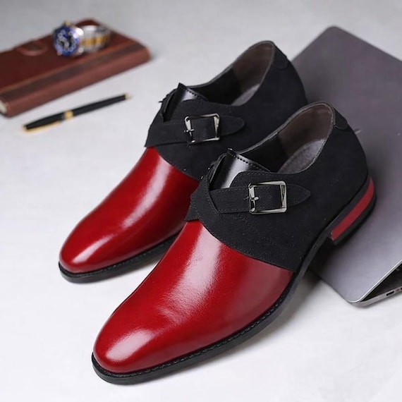 Men’s Genuine Leather Cross Monk Strap Shoes – Handmade Brown Cowhide Front & Black Suede Back