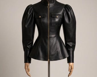 Genuine Black Leather Peplum Top for Women | Handmade Designer Leather Shirt