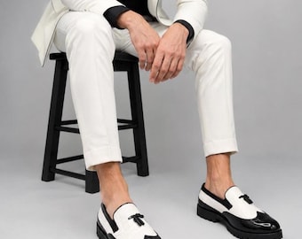 Handmade Black & White Croco Tassel Loafers – Men’s Genuine Leather Slip On Chunky Sole Boots
