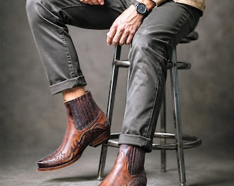 Western Stitch Ankle Boots, Men Handmade Leather Cowboy Boots Vintage Snip Toe Elastic Side