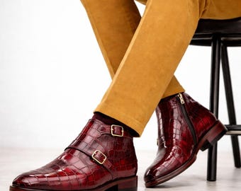 Genuine Leather Double Monk Strap Shoes for Men | Handmade Crocodile Embossed Hide Shoes