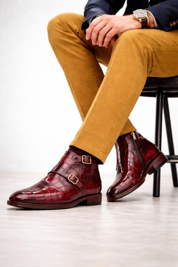 Genuine Leather Double Monk Strap Shoes for Men | Handmade Crocodile Embossed Hide Shoes