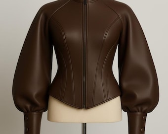 Women Brown Genuine Leather Jacket with Puff Sleeves Fitted Corset Style Designer Outerwear