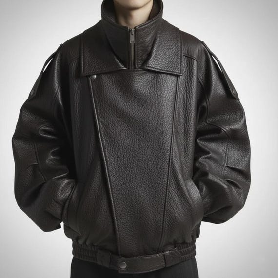 Oversized Real Leather Jacket | Genuine Cowhide High Collar Bomber