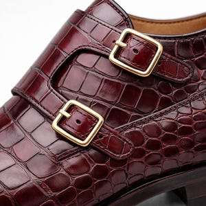 Genuine Leather Double Monk Strap Shoes for Men | Handmade Crocodile Embossed Hide Shoes image 3