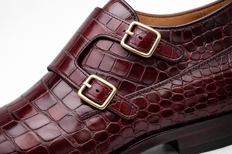 Genuine Leather Double Monk Strap Shoes for Men | Handmade Crocodile Embossed Hide Shoes image 3