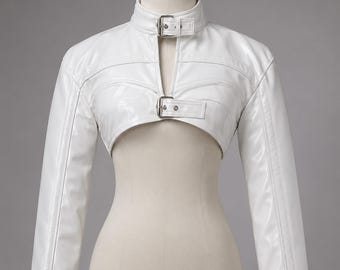Handgefertigte weiße echte Schafe Leder Bolero Top | Schnalle Stehkragen | Cyberpunk futuristische Streetwear Shrug