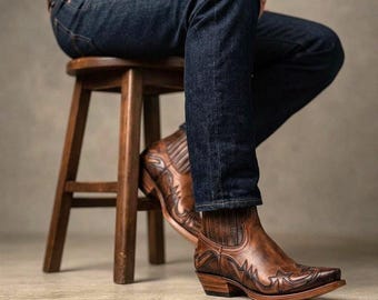 Western Stitch Ankelstövlar, Herr Handgjorda Läder Cowboystövlar Vintage Snip Toe Resår Sida