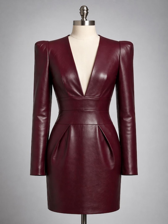 burgundy leather mini dress Sheep – Deep V Neck Fitted Bodycon Dress shoulder bodycon dress features WebColorName_Blue Check xoxo💋⭐️ Dress from🩵 @littlebox.india Material:Genuine Leather