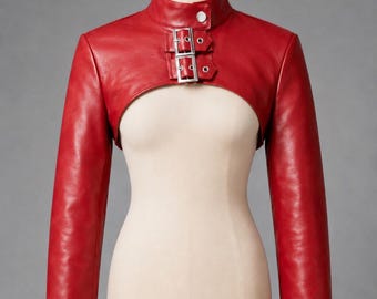 Handgefertigte Rote Echt Schaf Leder Bolero Top | Kurze Jacke mit Schnalle | Damen Gothic Leder Shrug