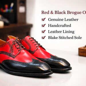 May include: Red and black brogue Oxfords. The shoes have a red leather upper with black detailing on the toe and heel. The image highlights the genuine leather, handcrafted construction, leather lining, and Blake stitched sole.