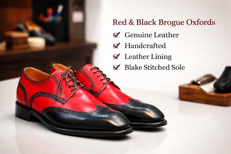 May include: Red and black brogue Oxfords. The shoes have a red leather upper with black detailing on the toe and heel. The image highlights the genuine leather, handcrafted construction, leather lining, and Blake stitched sole.