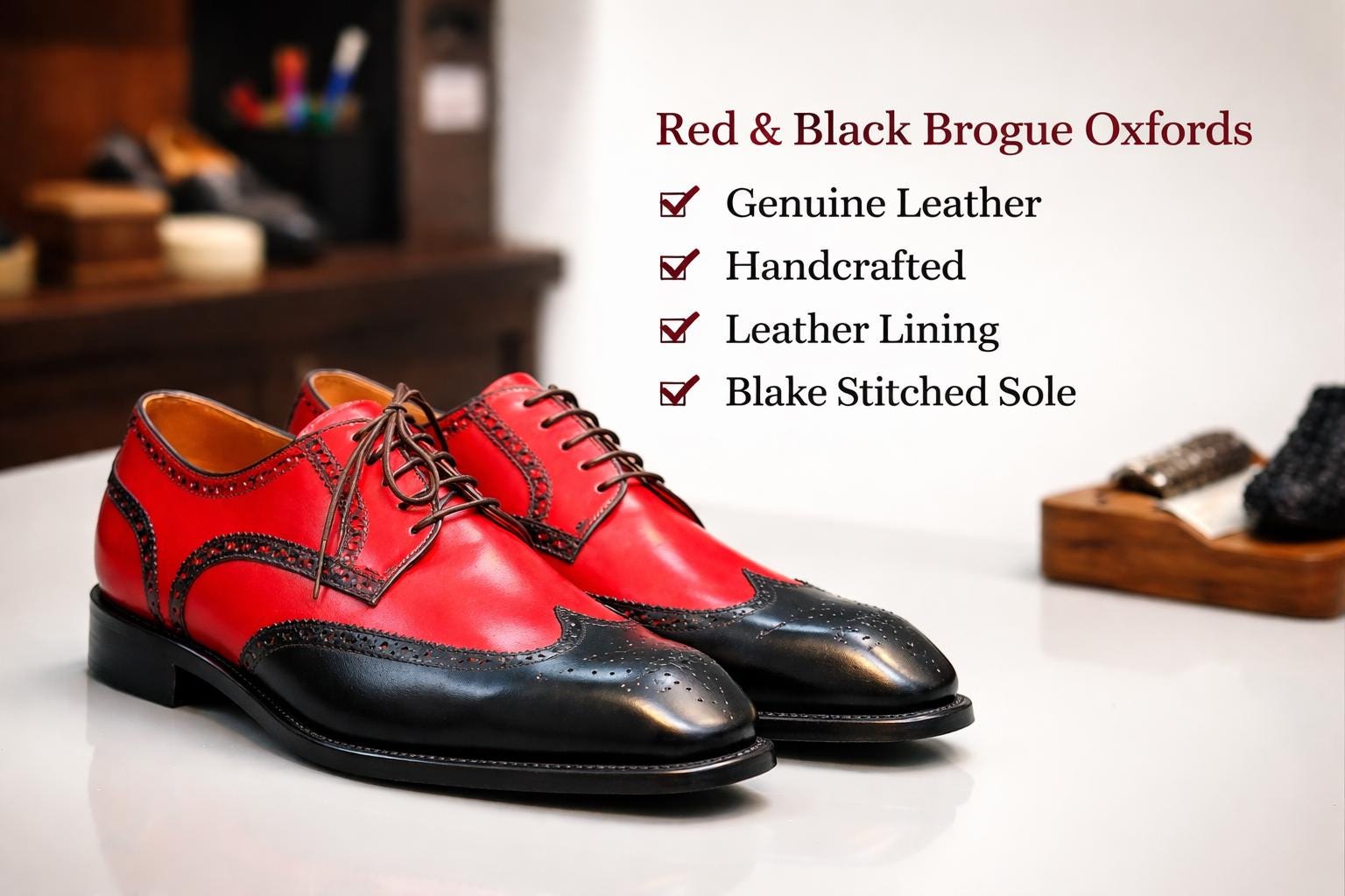 Red/black luxury brogue texture leather Paul Parkman Men main image 4