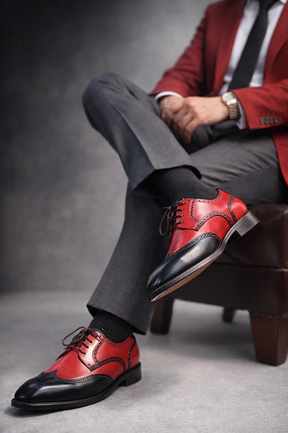 Handcrafted Red and Black Genuine Leather Oxford Shoes for Men | Luxury Brogue Dress Shoes