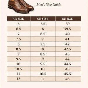 May include: An Oxford shoes size chart showing US, UK, and EU sizes. The chart ranges from UK size 5.5 (US 6, EU 39) to UK 11 (US 12, EU 46). A pair of brown leather Oxford shoes is also shown.