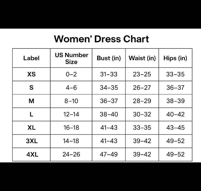 K&ouml;nnte beinhalten: Eine schwarz-wei&szlig;e Tabelle mit dem Titel "Women's Dress Chart" mit Gr&ouml;&szlig;enumrechnungen. Die Tabelle enth&auml;lt US-Gr&ouml;&szlig;en, Brust-, Taillen- und H&uuml;ftma&szlig;e in Zoll f&uuml;r die Gr&ouml;&szlig;en XS bis 4XL.