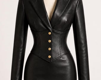 Handmade Black Genuine Sheep Leather Mini Dress, Women's Blazer Dress with Corset Waist