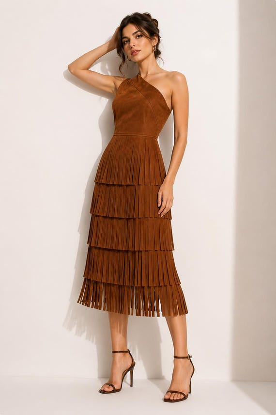 One-Shoulder Brown Suede Fringe Dress