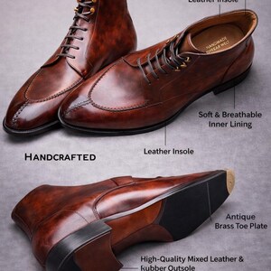 May include: Handcrafted, hand-dyed brown leather boots with a leather insole and a high-quality mixed leather and rubber outsole. Features include a premium heel sleeve detail and an antique brass toe plate. The boots have soft and breathable inner lining.
