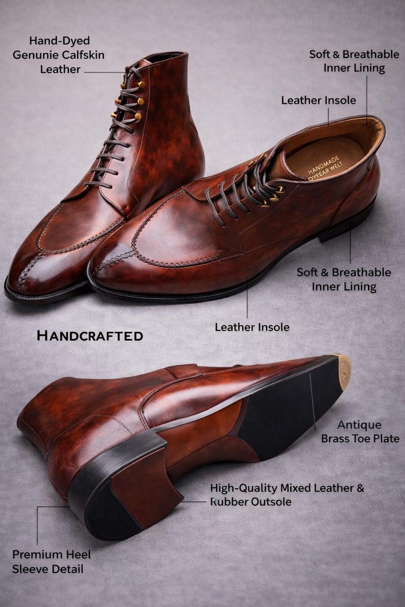 May include: Handcrafted, hand-dyed brown leather boots with a leather insole and a high-quality mixed leather and rubber outsole. Features include a premium heel sleeve detail and an antique brass toe plate. The boots have soft and breathable inner lining.