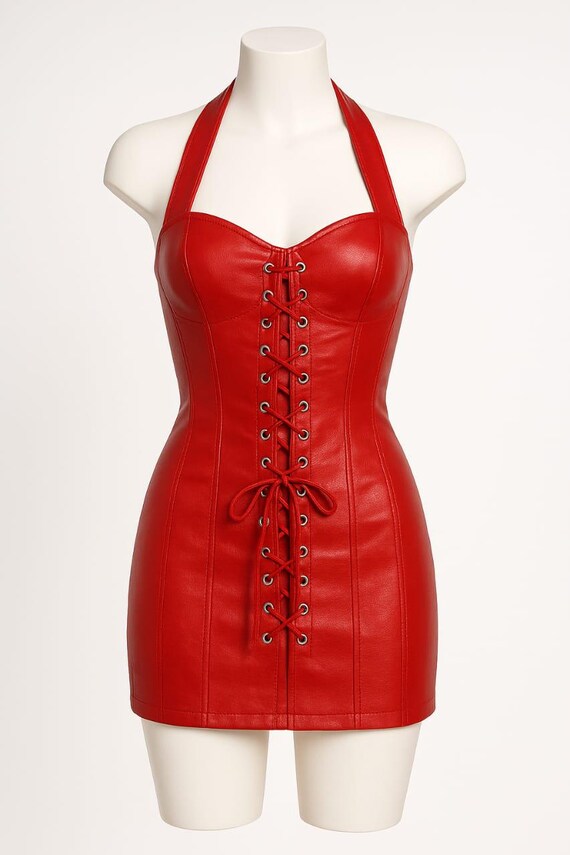 red leather halter dress Red Lambskin Leather Halter Dress: Vintage Style