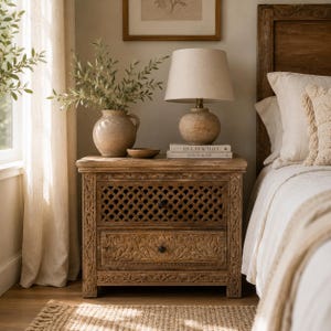 Op de afbeelding: Een houten nachtkastje met twee lades, voorzien van een bovenste lade met een rasterpatroon en een onderste lade met bloemmotieven. Bovenop staan een beige keramische lamp, een okerkleurige vaas met groen blad en twee boeken getiteld Live Beautiful en This Is Home.