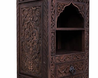 Hand Carved Moroccan Mango Wood Bedside Table, Boho Nightstand, Rustic Dark Wood Cabinet, Bohemian End Table with Drawer & Shelves