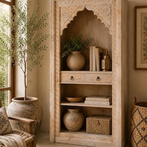 Hand Carved Mango Wood Entryway Shelf | Rustic Hall Tree with Drawers | Wooden Entryway Organizer | Boho Console Storage Unit