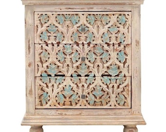 Mesita de noche de madera de mango tallada a mano, mesita de noche blanqueada, mesa auxiliar con tallado floral, mueble de dormitorio estilo bohemio, mesa auxiliar rústica