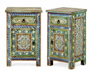Hand Painted Nightstand Set of 2, Reclaimed Wood Bedside Tables, Boho Floral Cabinet, Colorful Rustic Bedroom Furniture