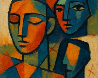 Abstrakte figurative Gesichter Kunstdruck, moderne digitale Wandkunst, zeitgenössisches abstraktes Porträt Download