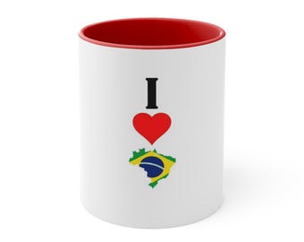 I Heart Brazil Mug | Brazil Flag Map, Red Accent 11oz