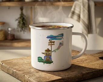 Woodland Camper Illustration Enamel Mug | Hiking, Nature Scene