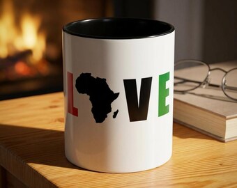 Africa Love Coffee Mug | Accent Ceramic Mug, Pan-African Colors, 11oz & 15oz