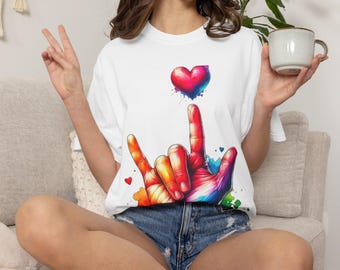 Rainbow ASL I Love You Hand T-Shirt | Colorful Heart Design