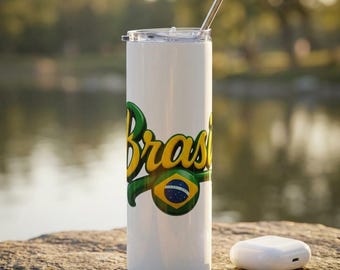 Brasil script logo Tumbler | 20oz stainless steel, Brazilian flag colors