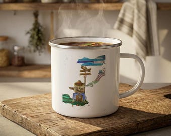 Woodland Camper Illustration Enamel Mug | Hiking, Nature Scene