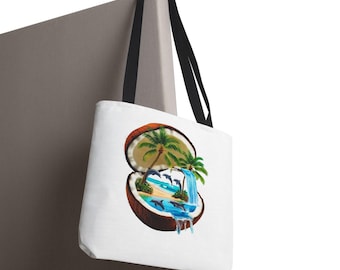 Coconut Island Waterfall tote bag | Tropical palm beach scene