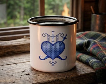 Blue Heart Folk Art enamel camp cup | Scandinavian embroidery motif